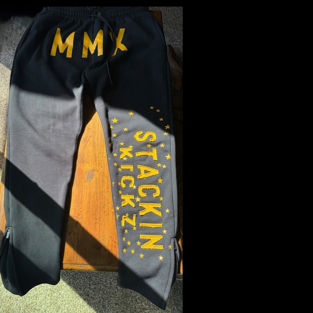 Men's XL Black Graphic Jogger Sweatpants Yellow Logo Zip Hem Streetwear EUC - Picture 11 of 11